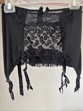 Black Lace Floral Garter Belt with Bow Accent